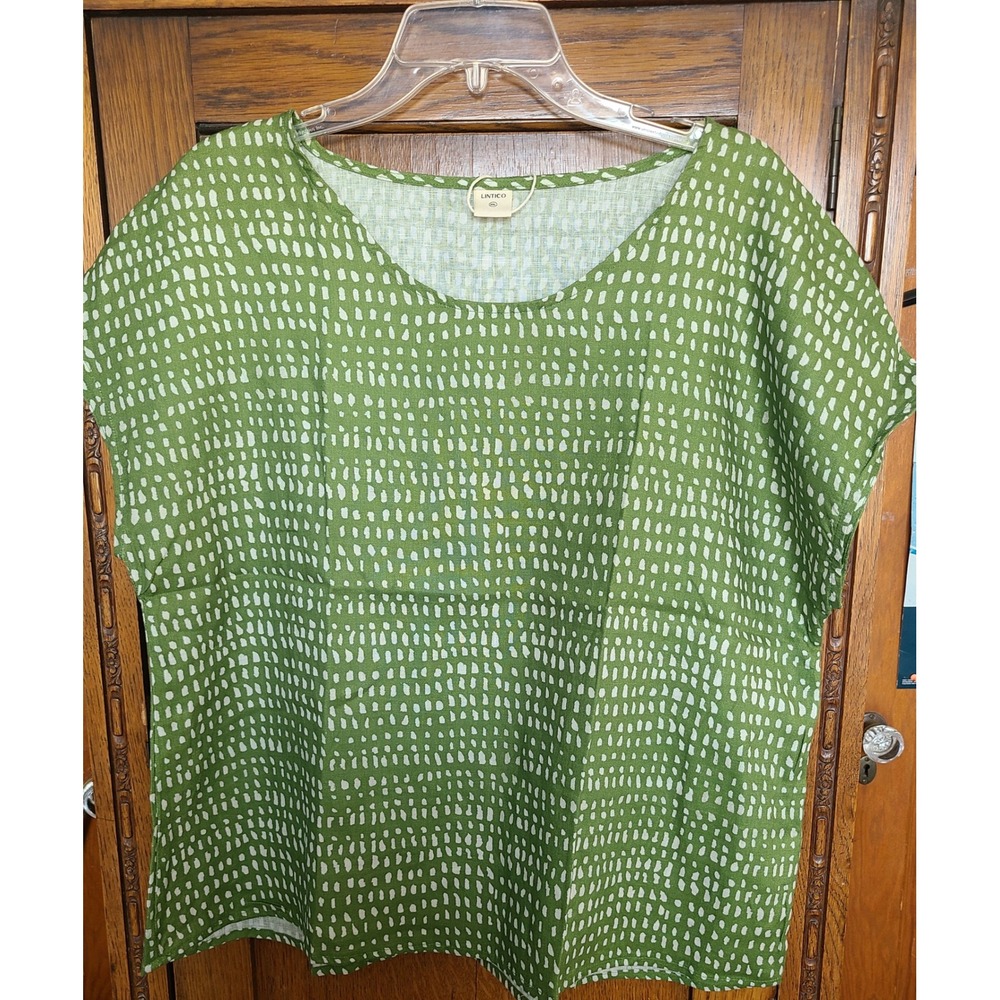 Lintico Women XXL Green White Dash Print 100% Linen Short Sleeve Blouse Top NWT